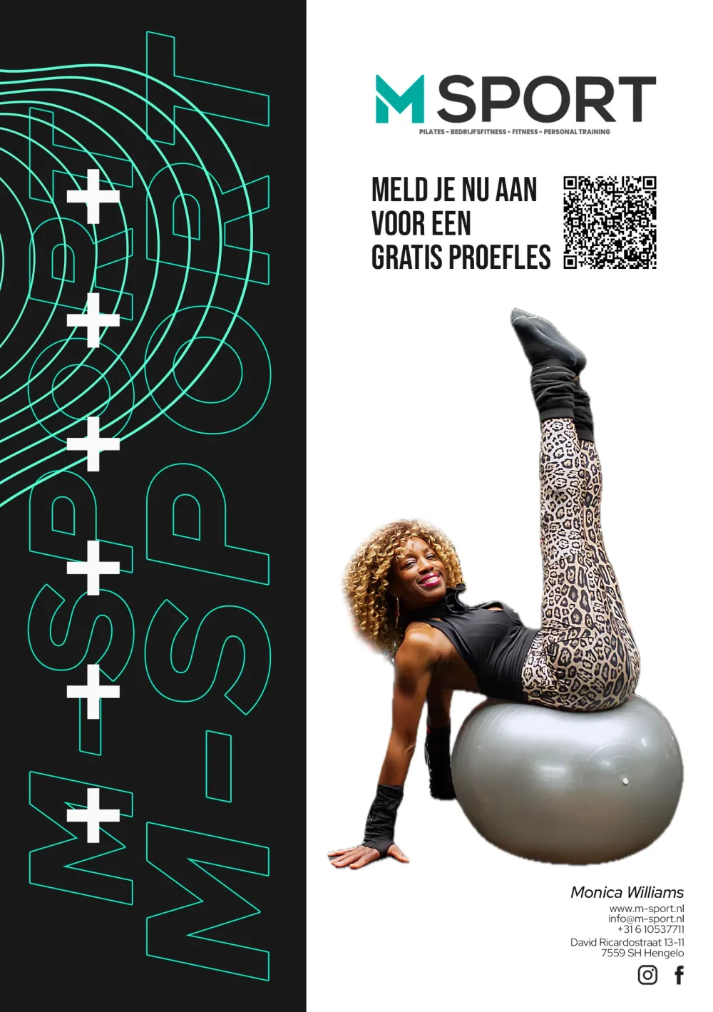 Flyer voor sportschool M-Sport met QR-code voor een gratis proefles