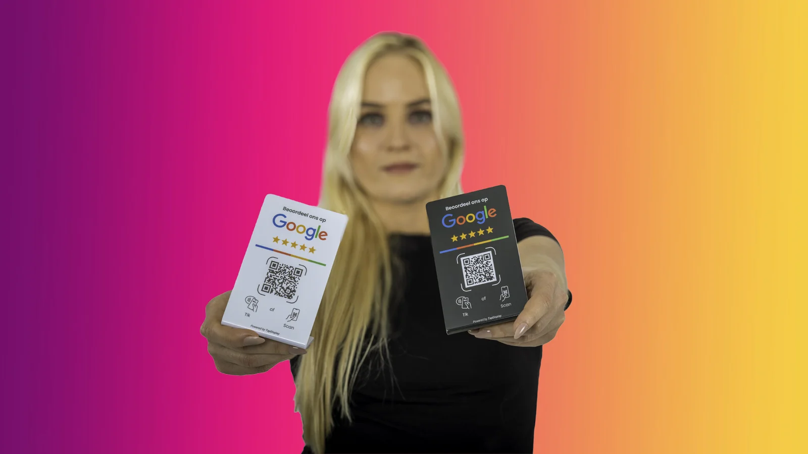 Productvisual voor TapDisplay, een reviewstandaard voor Google-beoordelingen