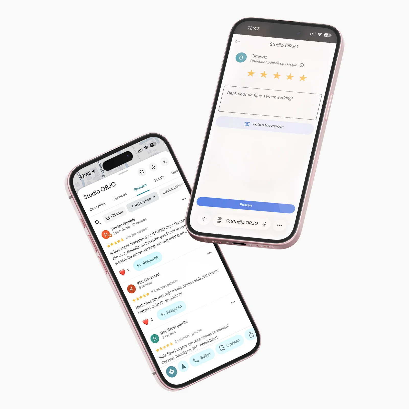 Productvisual met telefoons die Google reviews van Studio ORJO tonen