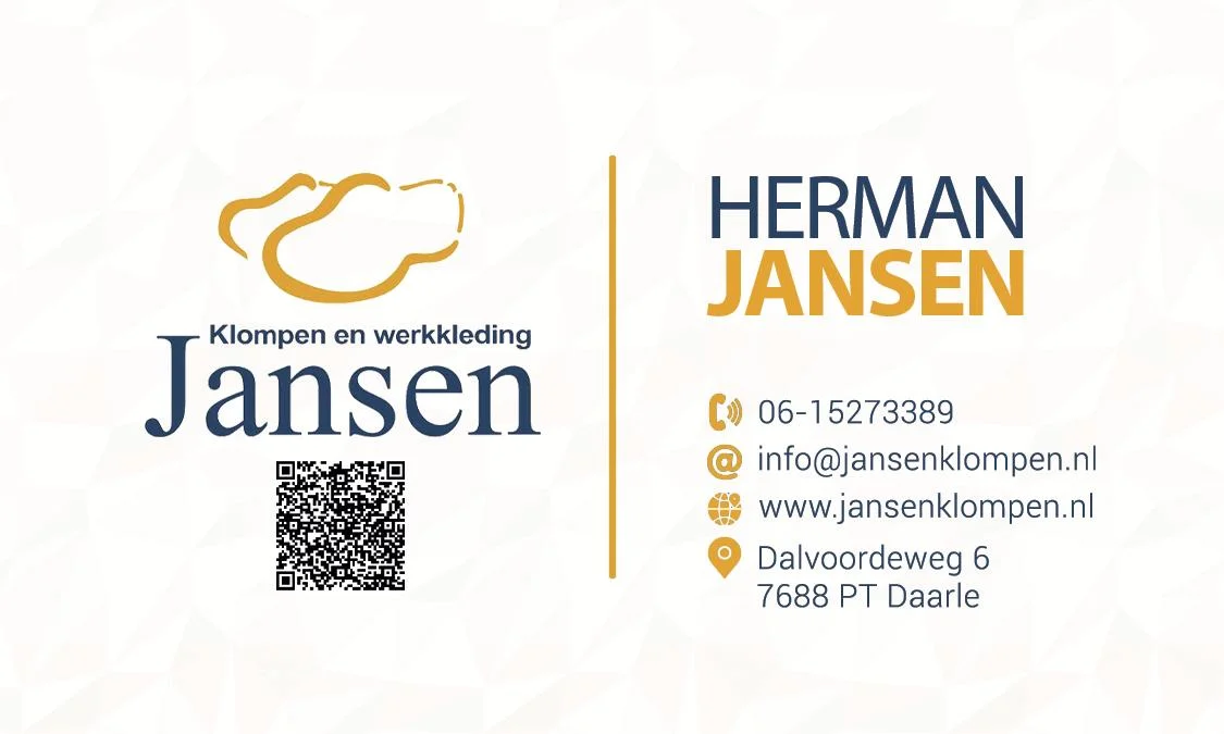 Visitekaartje-ontwerp voor Klompen en werkkleding Jansen met QR-code