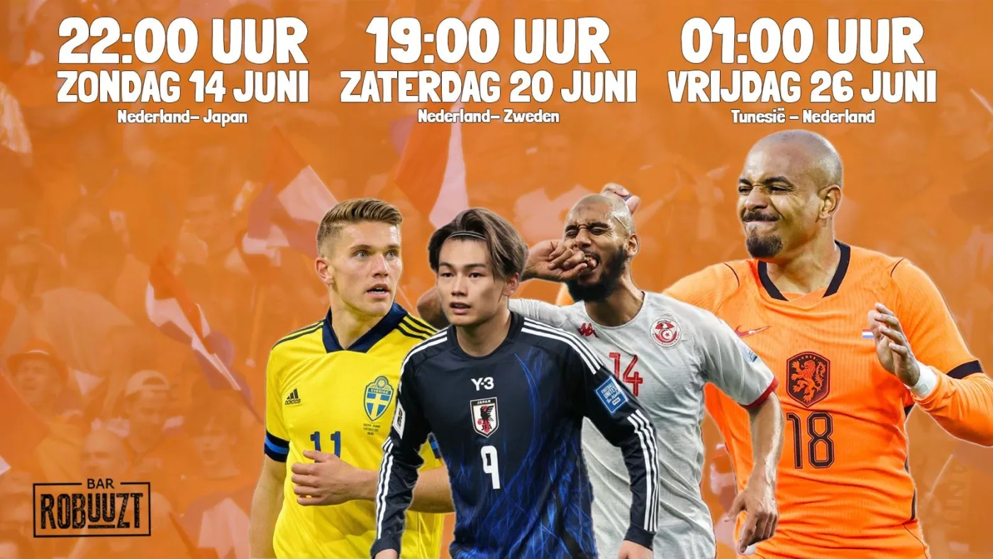 Wedstrijdbanner met speeltijden van het Nederlands elftal