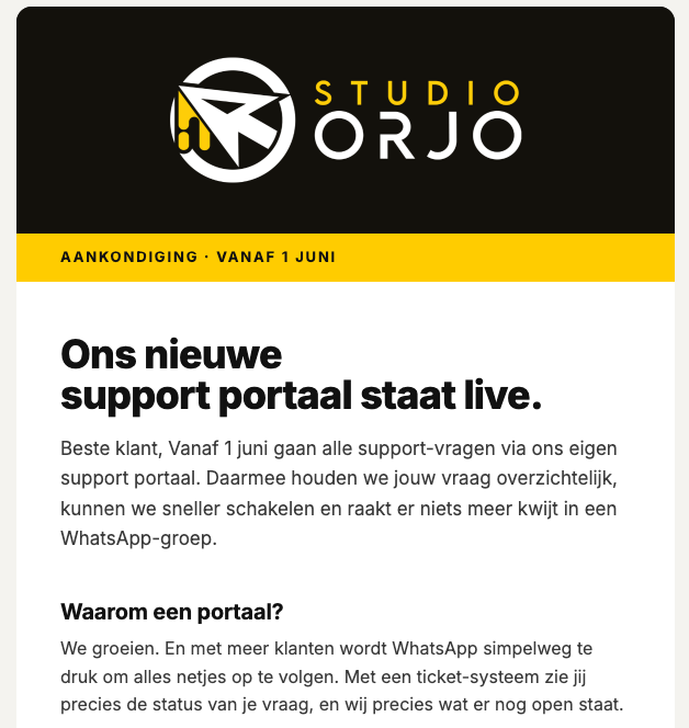 Nieuwsbrief Studio ORJO - aankondiging support portaal