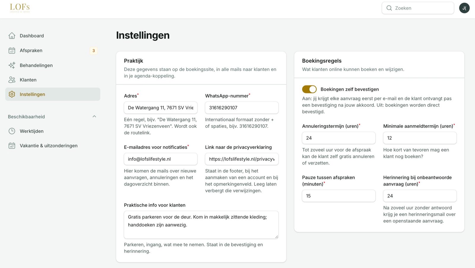 Afsprakenapp voor LOFs Lifestyle in Vriezenveen – instellingen en boekingsregels