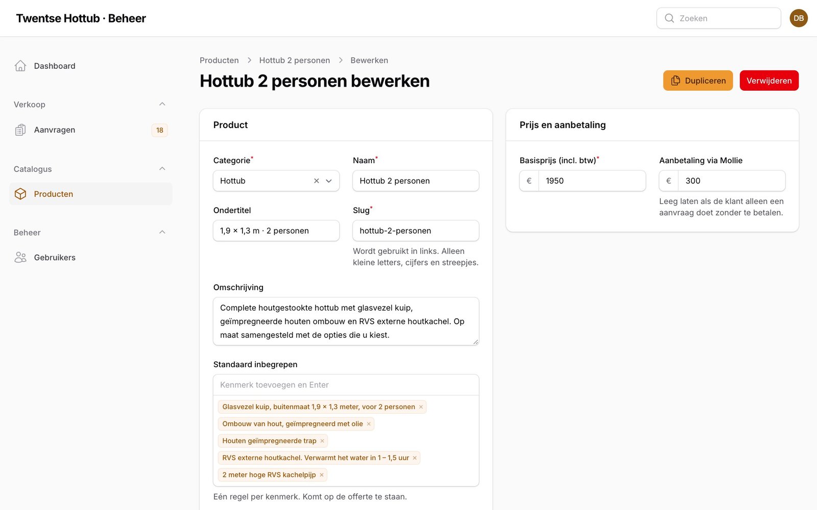 Offertetool voor Twentse Hottub in Daarlerveen – product en prijs beheren